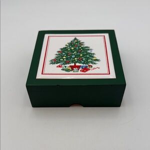 VINTAGE SET (4) SALTERA TILE COASTERS IN HINGED BOX SEASON'S GREETINGS BY HIMARK